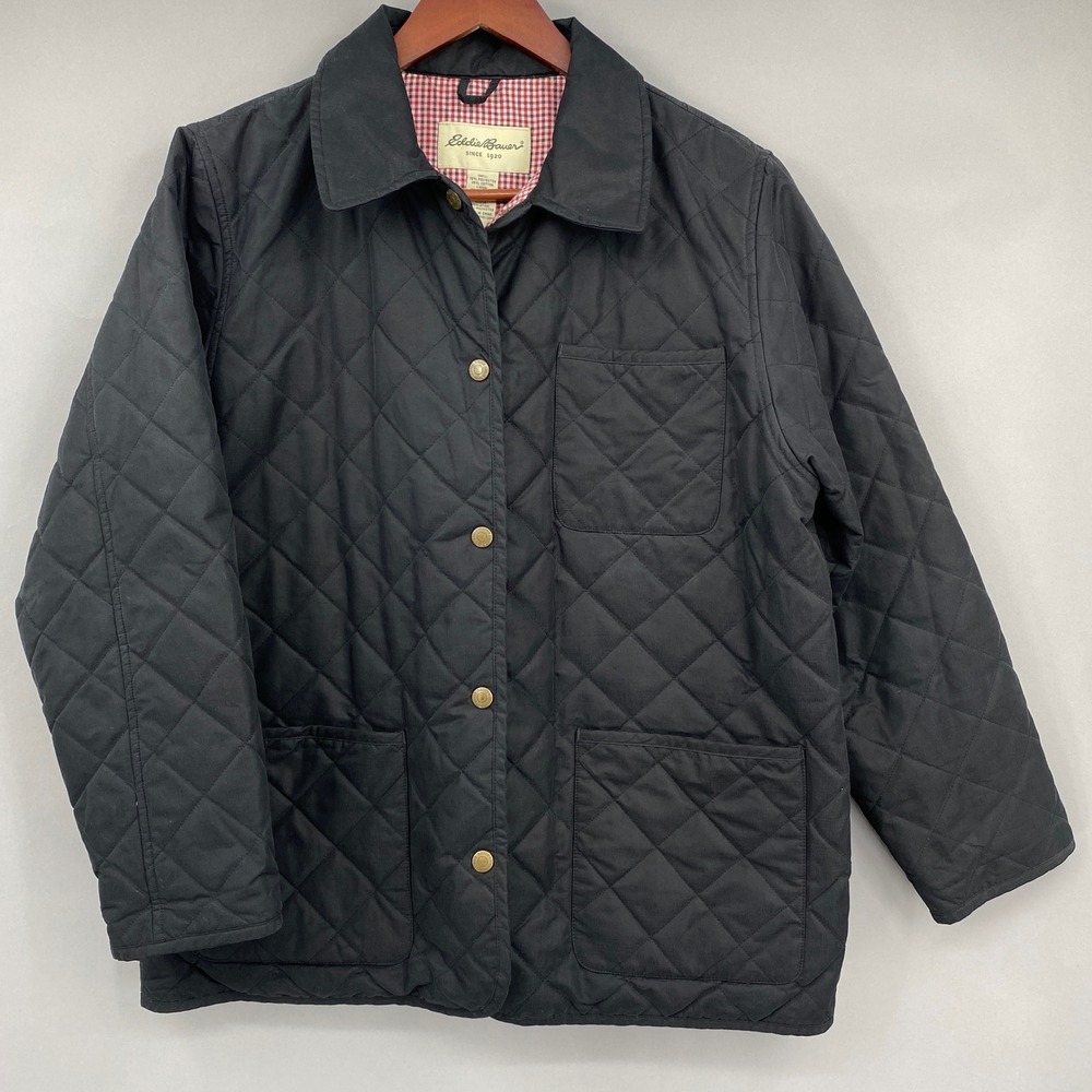 Eddie Bauer Quilted Barn Jacket Womens L Black Gingham Lined Snap Front Chore